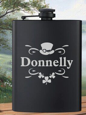 Personalized Engraved Irish Hat Clovers Family Name Clover Black Flask